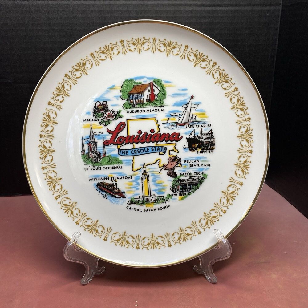Sheffield Louisiana Creole State Collector Souvenir Plate Gold Edge 10.5" Vtg